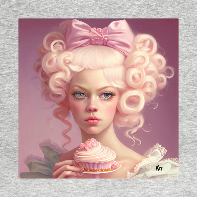 A young Marie Antoinette on pink with a sliding cupcake, Midjourney AI art by KimTurner